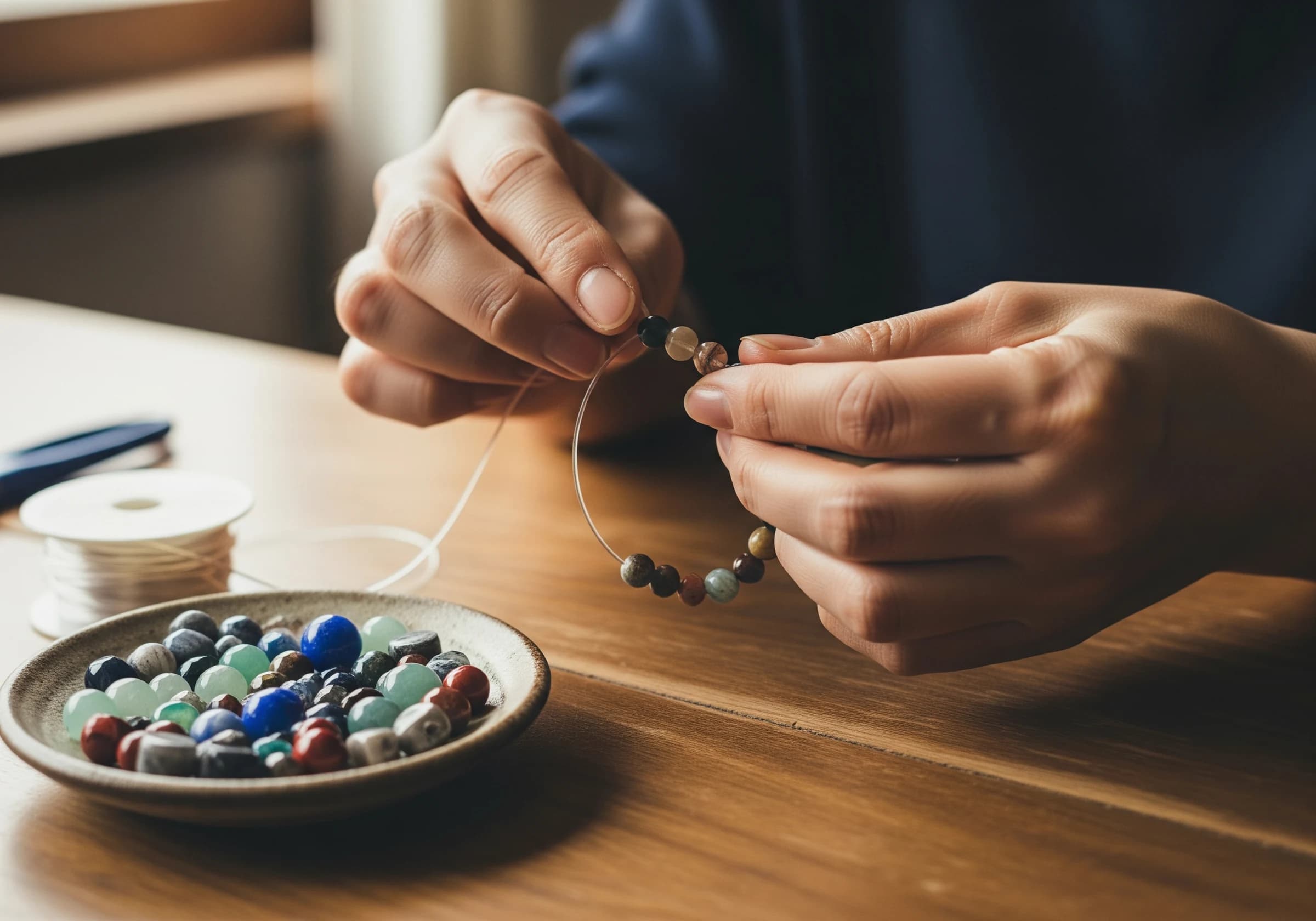 数珠作り体験でビーズを並べる様子